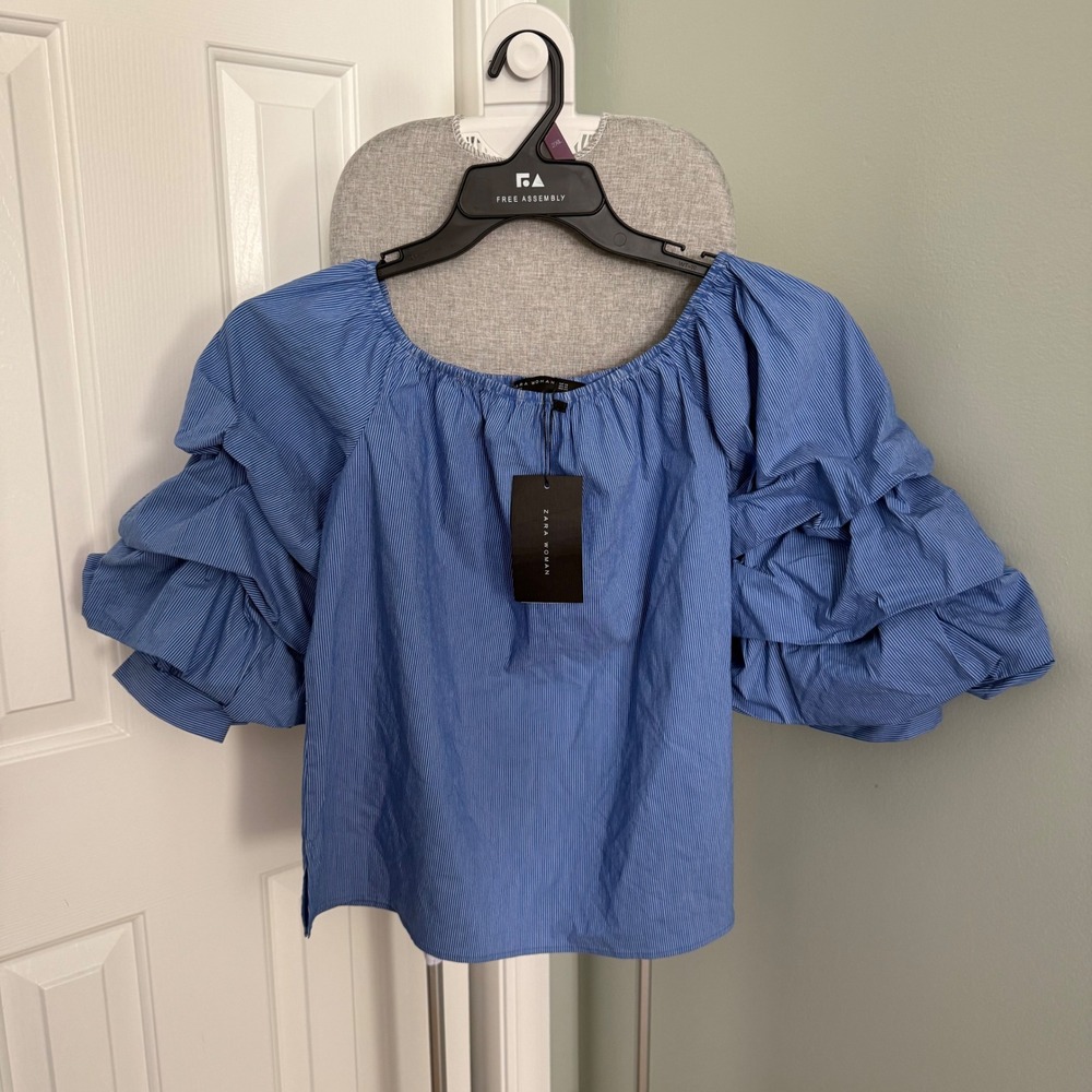 Zara Woman Blue Striped Tiered Ruffle Sleeve Statement Blouse XS 4437/082/044